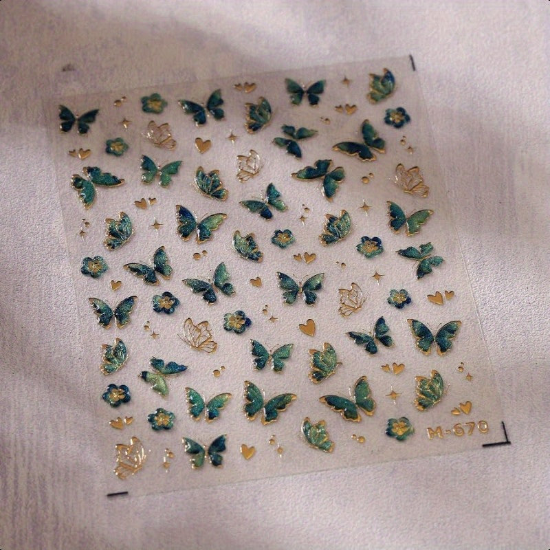 1 Sheet 5D Embossed Green & Golden Butterfly Nail Art Stickers - Self-Adhesive Floral Nail Decals with Glitter Accents, Spring Summer DIY Manicure Supplies for Women Girls, Beauty Enhancements | Spring Summer Theme | Intricat